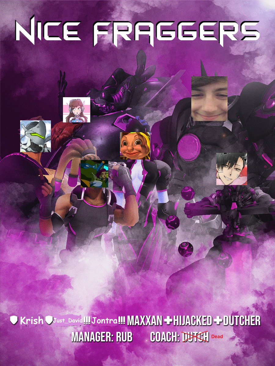 NiceFraggers's tweet photo. Our new updated lineup, ready to int harder than ever for the W!

🛡️@NFkrishna
🛡️@Just_DavidOW
⚔️@NFJontra
⚔️@Maxxan_
💉@NFHiJacked
💉@Dutcher_OW

🧠D(ead)utch
📝@rubdb_ 

🎨 @Maxxan_ Remastered Version (@dazzii_ OG version) https://t.co/YcJVRCrIoQ