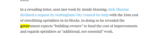 Sept 2017: Alok Sharma tells local authorities that the government expects building owners to pay for the costs of fire safety improvements.