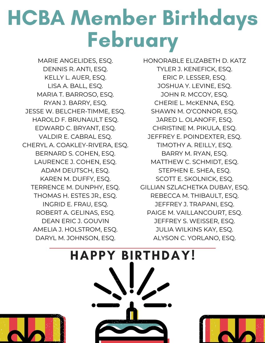 HampdenCtyBar's tweet photo. Happy Birthday to our members celebrating this month!
#HCBA #FebruaryBirthdays #CelebratingOurMembers https://t.co/xkC7mSbOpp