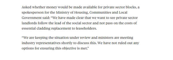 May 2018: A new housing secretary, the same message. After announcing £400m for the social sector to remove ACM, Mr Brokenshire doubles down that building owners should not pass on the costs.