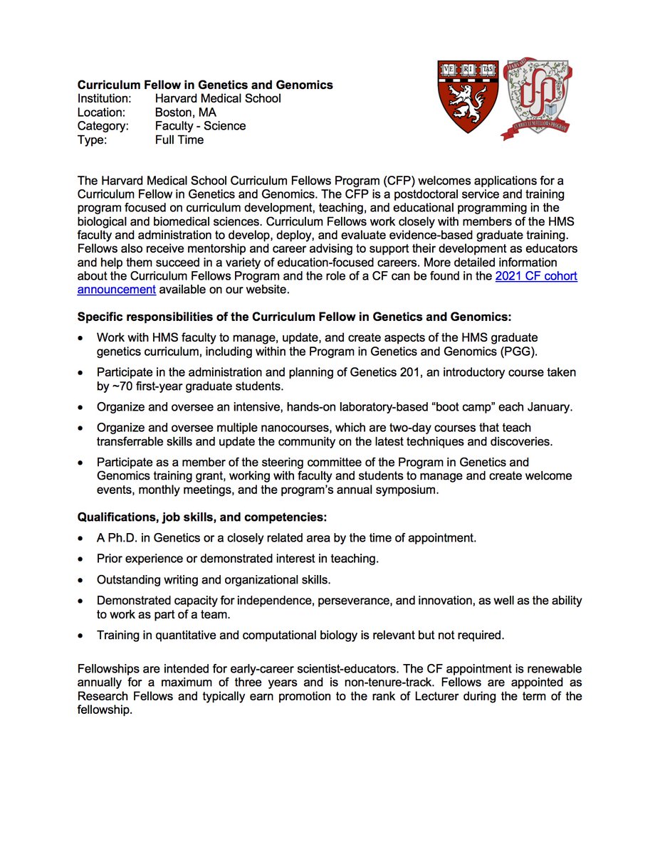 maxwellheiman's tweet photo. Please consider applying to be a Curriculum Fellow in Genetics here at Harvard Medical School. This position is for PhDs (or soon-to-be-PhDs) with a strong background in genetics and an interest in a teaching-oriented career. Great mentorship, great colleagues.  Please retweet. https://t.co/DbvwYSUMYq