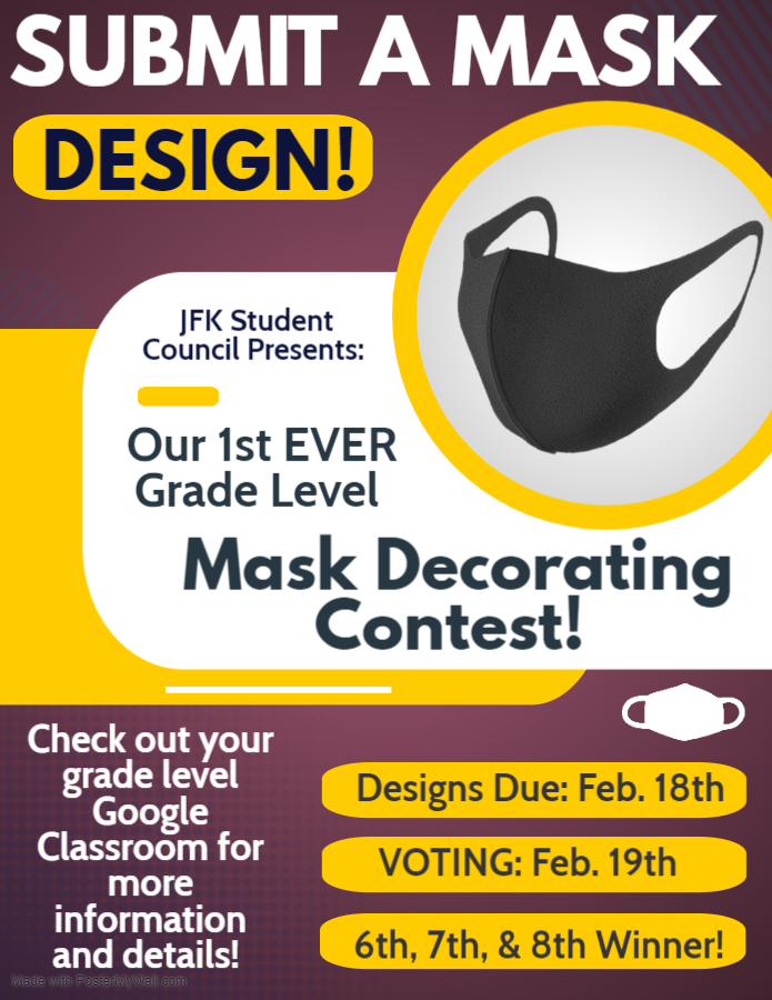 JFKMS_202's tweet photo. Hey Falcons! It is time for Student Council's first event of the year--Our 1st EVER Grade Level Mask Decorating Contest! Check your grade level GC's for more information and don't be afraid to get creative! https://t.co/9A4xMlz0Pb