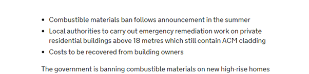 Nov 2018: Brokenshire announces the combustibles ban, banning all combustible materials on high rise blocks.He also says councils will carry out emergency remediation on ACM clad buildings (Don’t know what happened to this) and again mentions leaseholders should not pay