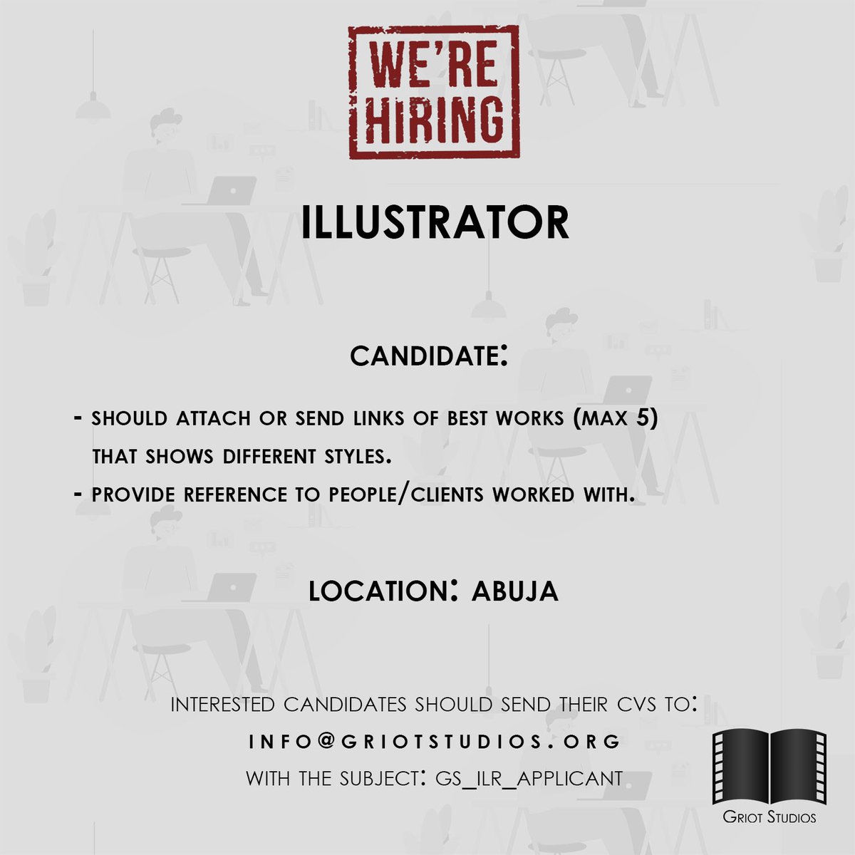 GriotStudios's tweet photo. We are looking for you!

Interested candidates should please follow the instructions on the flyer.

#GS #GSJobs #hiring #job #illustrator #jobs #jobopportunity #illustrators #jobseekers #jobsearch https://t.co/hZZCK7Bf0k