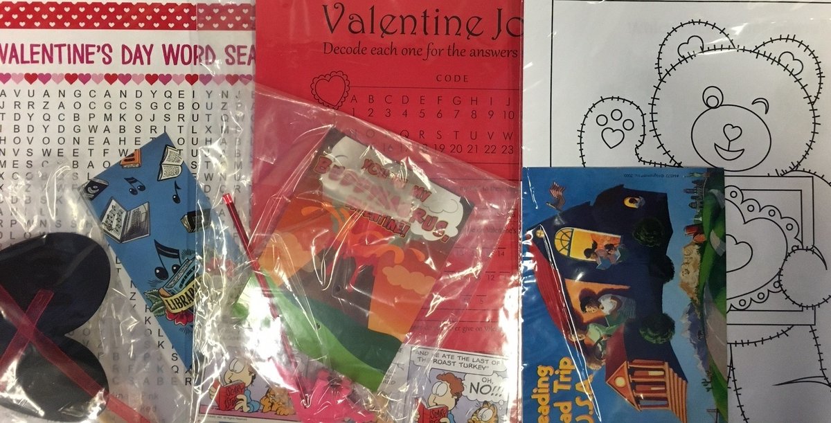 Activity kits for grades preschool-1, 2-4 and 5-12 can be picked up curbside or in the library.  The current theme is "Valentine's Day" and will be available while supplies last.