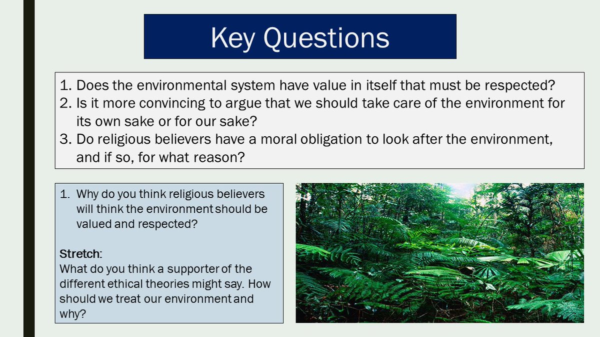 3/3 Just one of the questions student will consider as part of this discussion:
Does the environmental system have value in itself that must be respected?