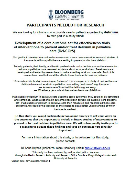 Delirium Research Opportunity!🧠
JOIN: International study led by Prof Louise Rose
FOR: Health professionals+ researchers with experience of delirium in palliative care
EMAIL: abb526@york.ac.uk
PLEASE RETWEET <a href="/meera_agar/">Meera agar</a> <a href="/MJJohnson_HYMS/">Miriam Johnson</a> <a href="/EDA_delirium/">European Delirium</a> <a href="/ANZDA_delirium/">AustralasianDelirium</a> <a href="/AmerDelirium/">American Delirium Society</a>