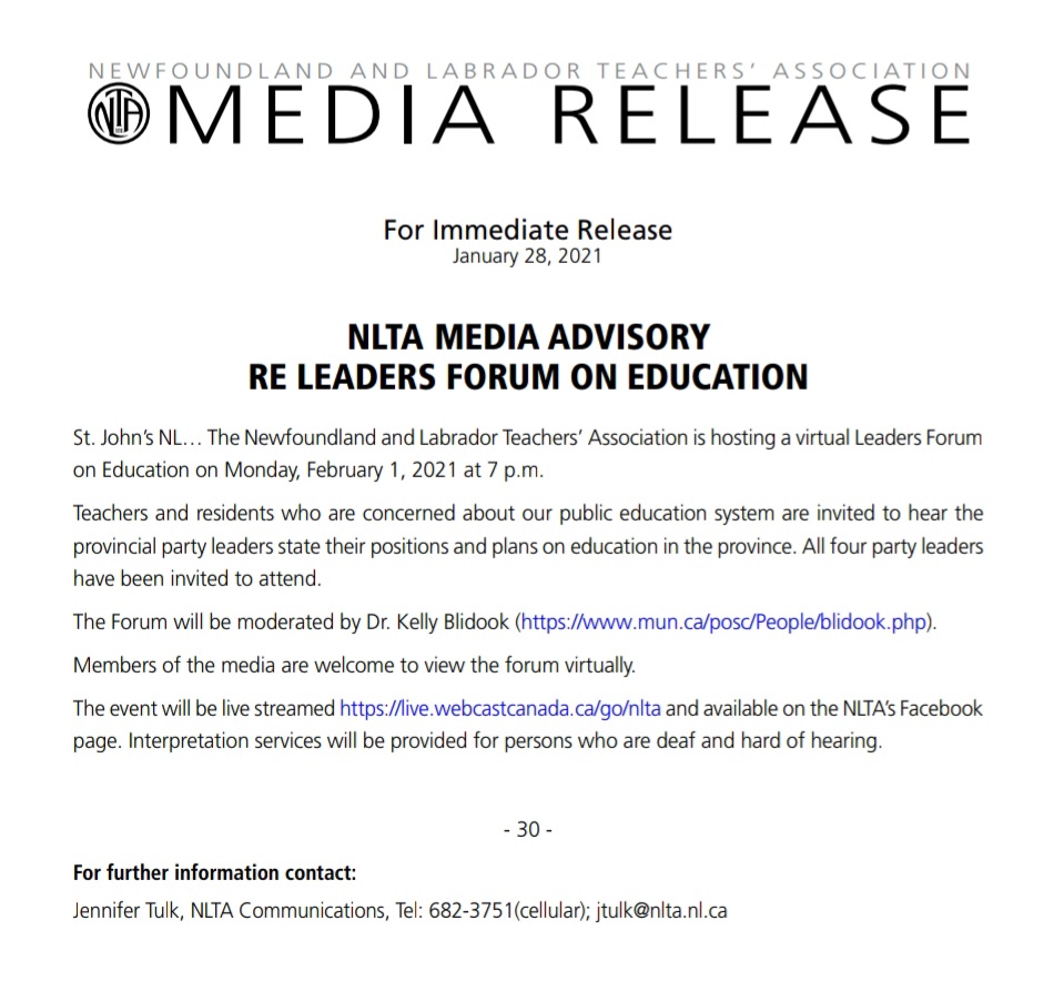 LASC1971's tweet image. Not sure how many people are aware of this. I only just found out about it.
The @NLTeachersAssoc is holding a Virtual Leaders Forum on Education tonight, Feb. 1st @ 7pm. Tune in to hear the party leaders' positions and plans for Education. #nlpoli