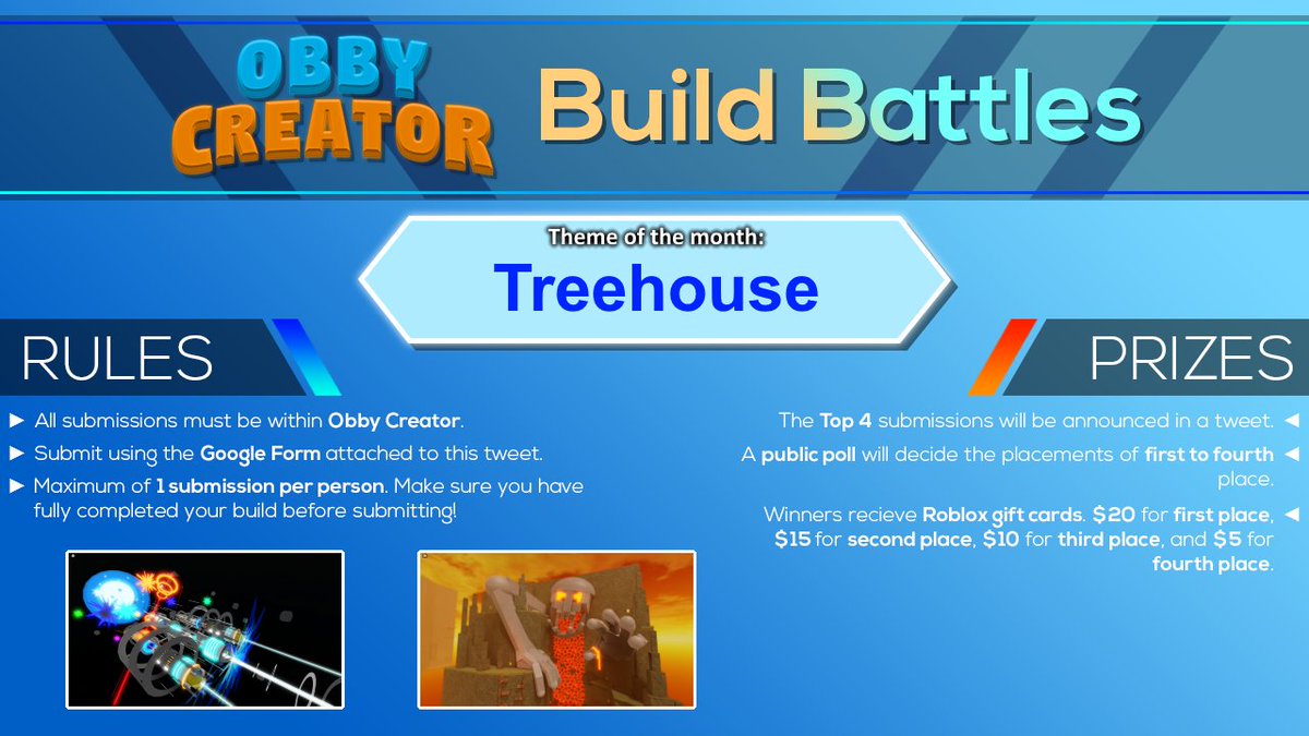 Mario118118 On Twitter Introducing The First Obby Creator Build Battles Event Create A Build Inside Obbycreator Around The Theme Then Submit Your Obbyid In The Form Link Below Good Luck Form Link - roblox obby creator codes
