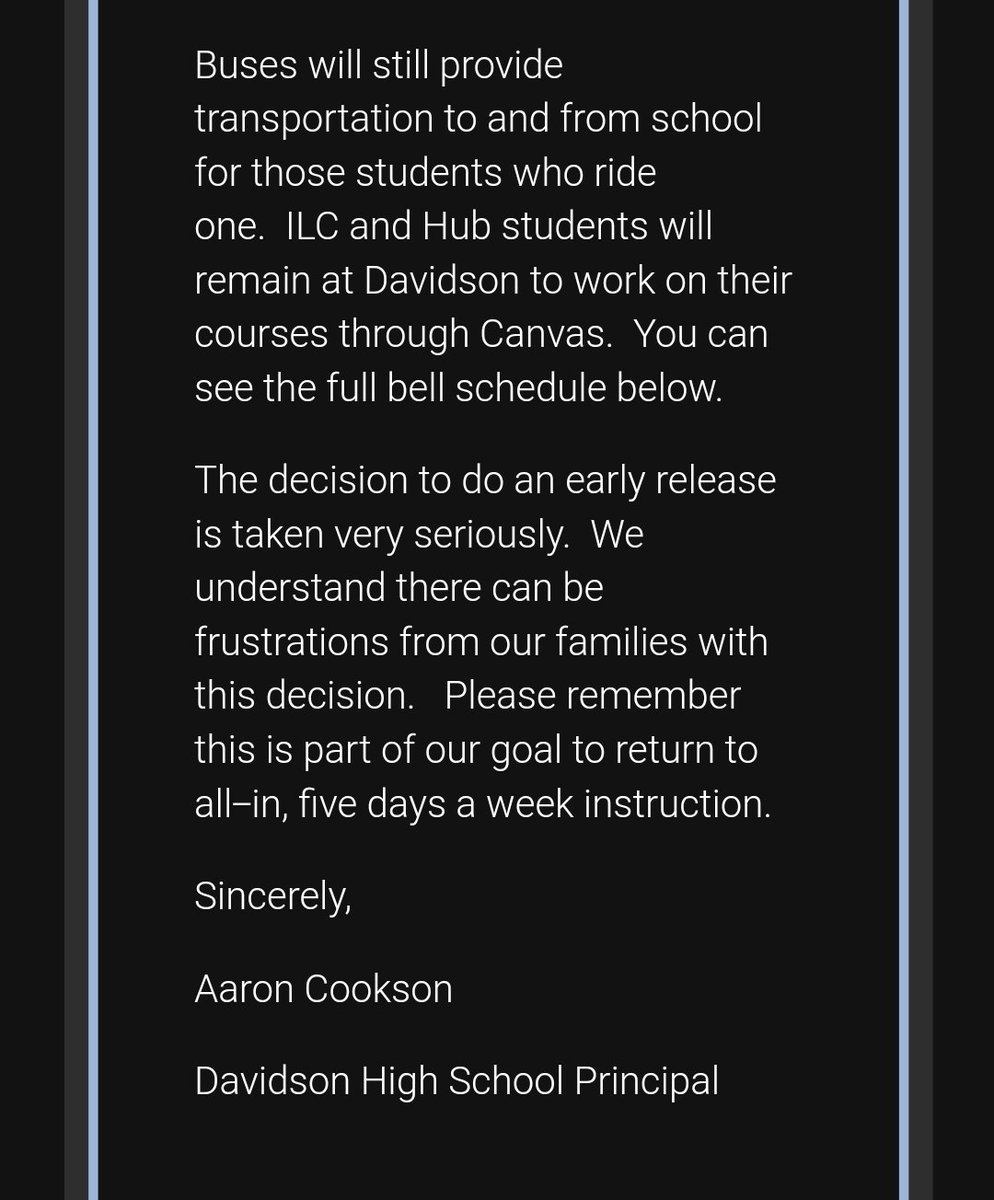 DavidsonHS's tweet photo. 🚨 Davidson families, please read the information below closely regarding our 2-hour early release schedule for Tuesday &amp; Wednesday, February 2nd &amp; 3rd.  This schedule ONLY applies to Davidson HS. 🚨 https://t.co/sFDfeCHEQc