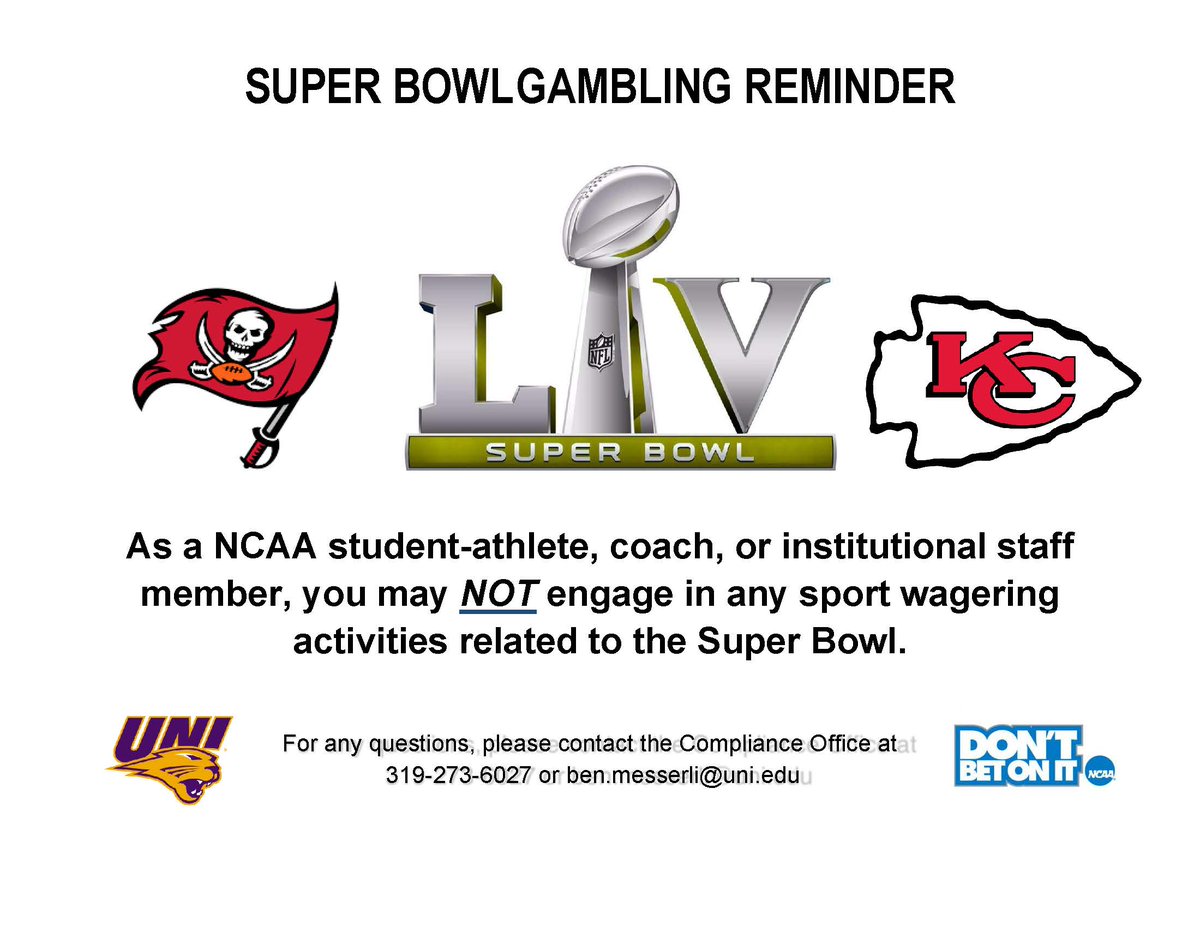 Super Bowl gambling reminder for all athletics staff and student-athletes. Don't forget, this includes fantasy contests if money or other items of value are risked to enter. #dontbetonit #SuperBowl