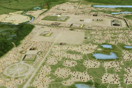 There are open areas in the cityscape of Cahokia--public areas for religious, public and sporting events.At the bottom left of the image is "Woodhenge," ( https://drloihjournal.blogspot.com/2019/06/the-cahokia-woodhenge.html) a massive solar calendar and possible aligner for mound construction (there may be others) 8/