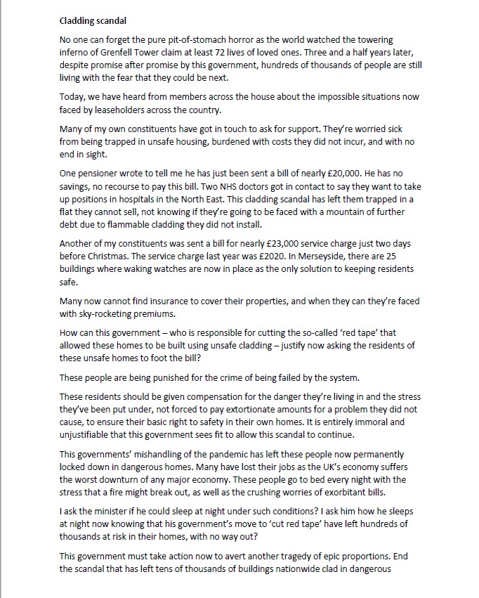 KimJohnsonMP's tweet photo. I didn't get called today in the cladding scandal debate forced by the Labour Party.  This is the speech I would have made in defence of hundreds of my constituents trapped in buildings that have become a nightmare and not the safe home they deserve. https://t.co/2v16hhOaS6