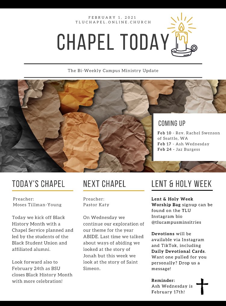 BSU_TLU's tweet photo. Join us in our first day celebrating Come celebrate Black History Month with us at Chapel. 

To join, go to CONNECT@TLU and click on the CHAPEL “ABIDE” event. Click the link to enjoy!! 

See you at today February 1 at 10:00 am! https://t.co/yrzLeilW7v