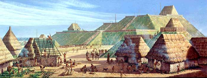 Monk's Mound, the central feature of the city, is about the same size as the Great Pyramid of Giza at its base--955 feet long and 775 feet wide-- bigger at the base than the Pyramid of the Sun at Teotihuacan. And around 100 feet tall in four terraced steps, 10 stories tall. 6/