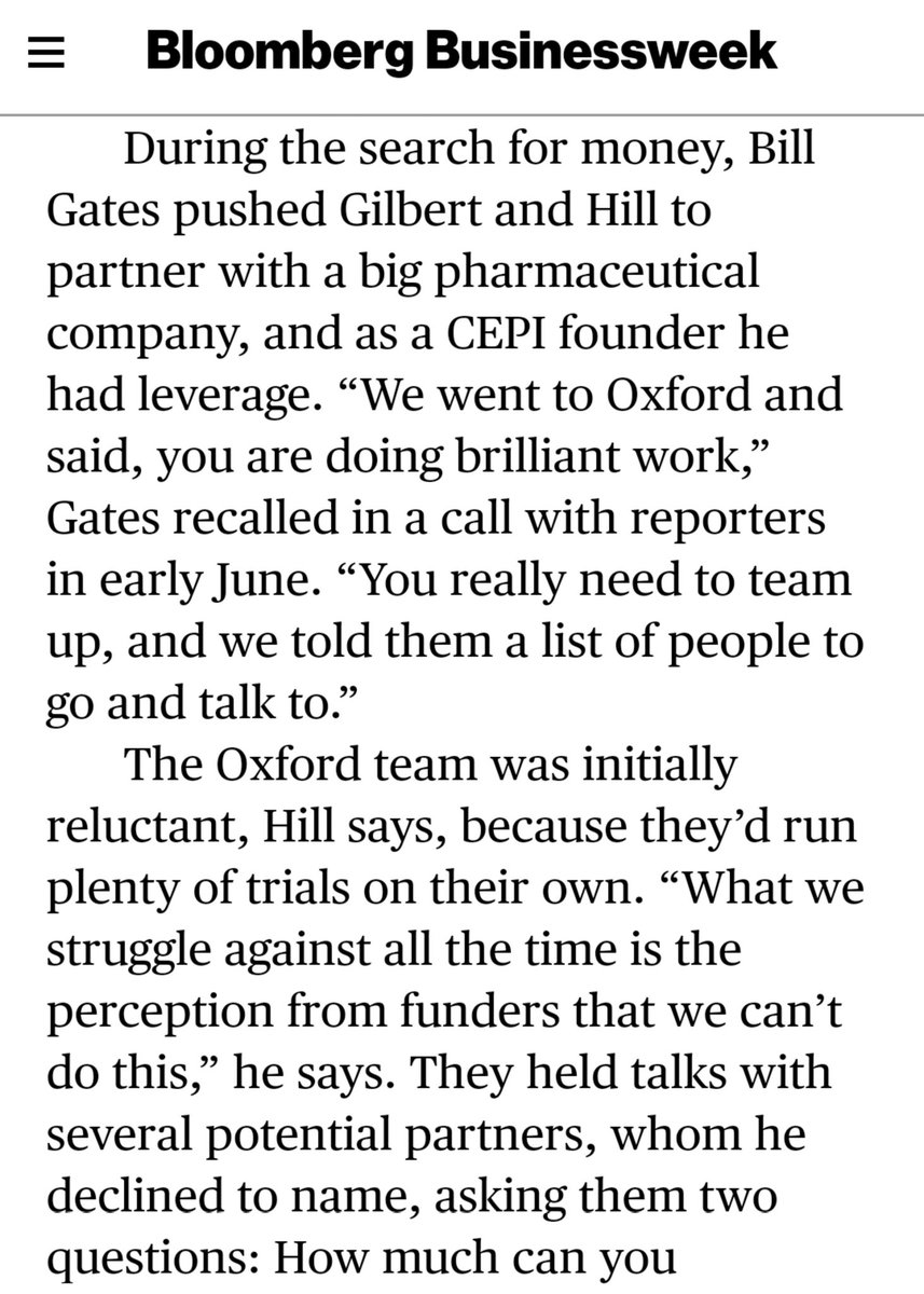 Per  @business, Gates used his donor influence to push Oxford to team up with a pharma company. Maybe for the good of distribution, but it doesn't seem to have felt like that for the scientists...  https://www.bloomberg.com/news/features/2020-07-15/oxford-s-covid-19-vaccine-is-the-coronavirus-front-runner