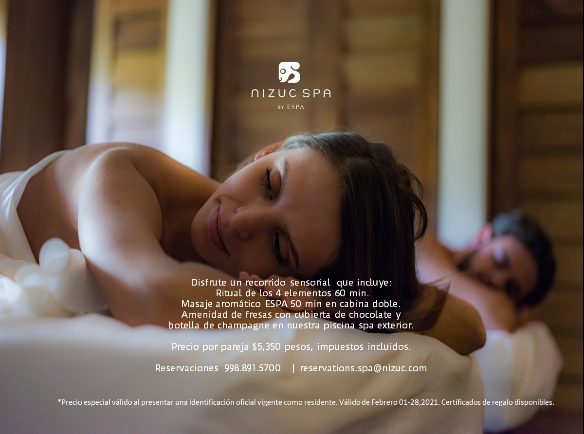 La escapada romántica perfecta con un ritual de relajación y exclusividad en <a href="/NIZUCSPABYESPA/">NIZUC SPA BY ESPA</a>   *Promoción válida al presentar una identificación oficial como residente. Disponible de Feb 1-28, 2021. Para más información 
📞 891-5700 | reservations.spa@nizuc.com