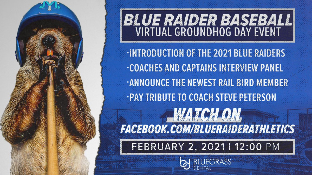 The 48th Annual Groundhog Day program is scheduled to take place virtually TOMORROW! 

📅: Feb. 2
⌚️: 12:00 PM 
🖥️: FacebookLive/BlueRaiderAthletics

#BlueRaiders | #MT