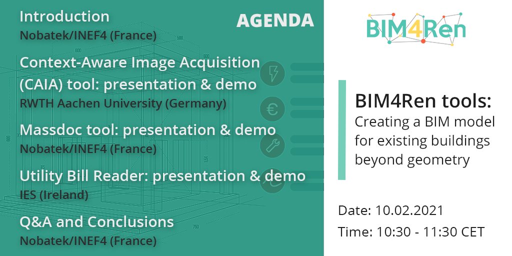 Have you seen the agenda for our next webinar on Feb. 10th?🧐Take a look below and remember to save the date to learn about which tools can help you collect on-site and off-site information to use #BIM models in a thermal renovation. 

Register ➡️ register.gotowebinar.com/register/28053…