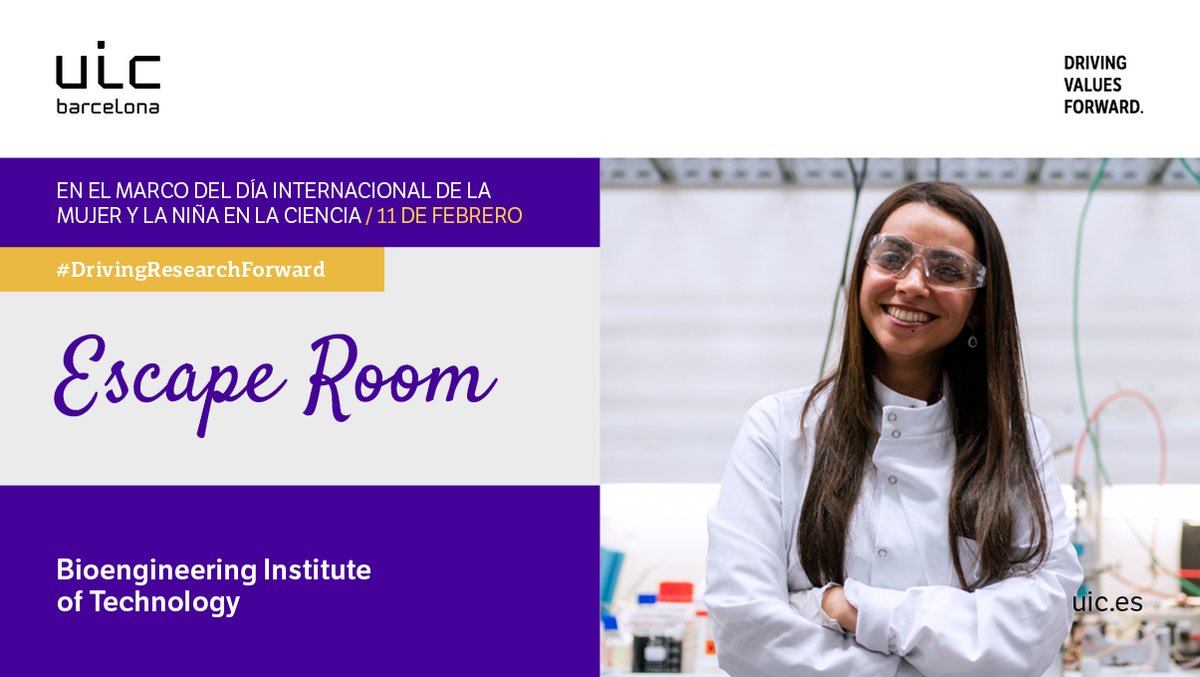 SalutUIC's tweet photo. El Grado en Bioingeniería de @UICbarcelona ha creado el escape room virtual "La Mujer en la Ingeniería" para celebrar el Día Mundial de la Mujer y la Niña en la Ciencia (11 de febrero). Está dirigido a alumnos de bachillerato. ¡Apúntate aquí! 👇https://t.co/mvD7eAxU3I https://t.co/HsaKEhh9iq
