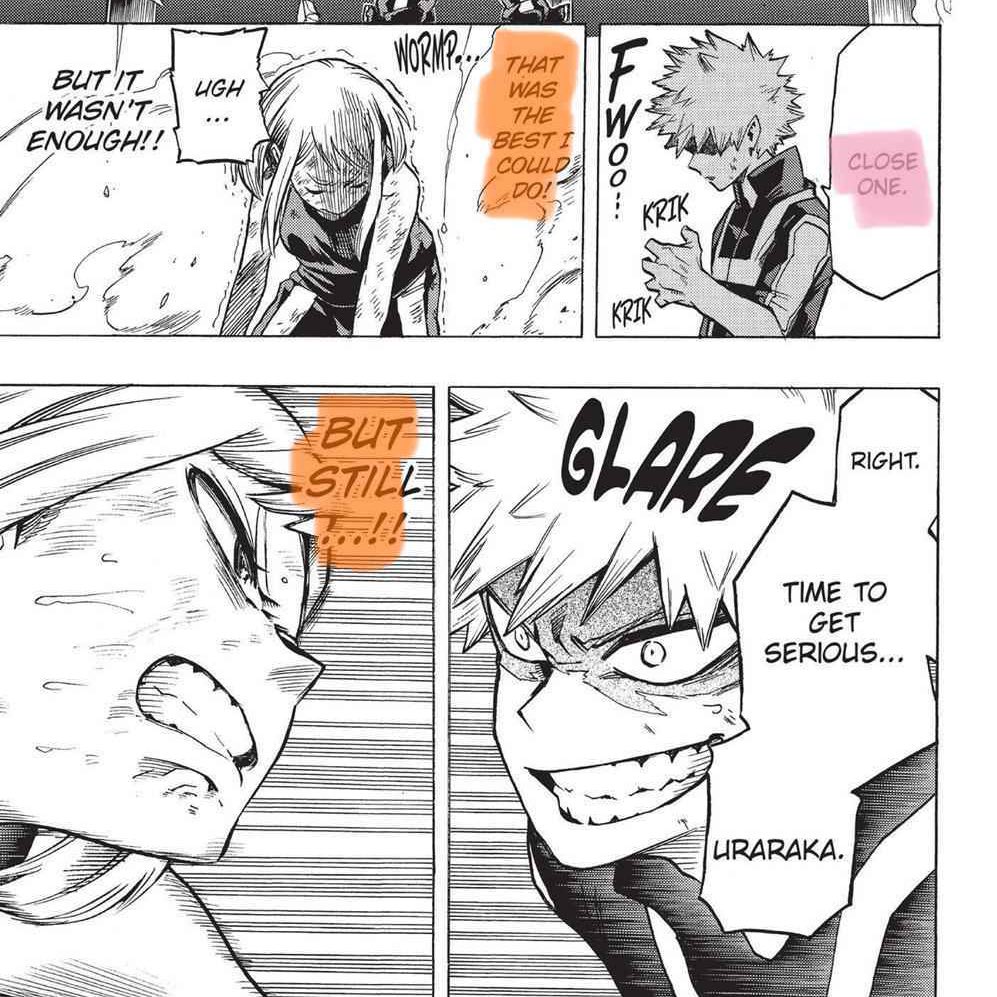 Continuing how much the sports fest impacts this ship, this is the first time ( and probably the only time rn) that we actually see Uraraka being pushed to her limit and give her all! Not only did Bakugou push her but she pushed him close to his as well.