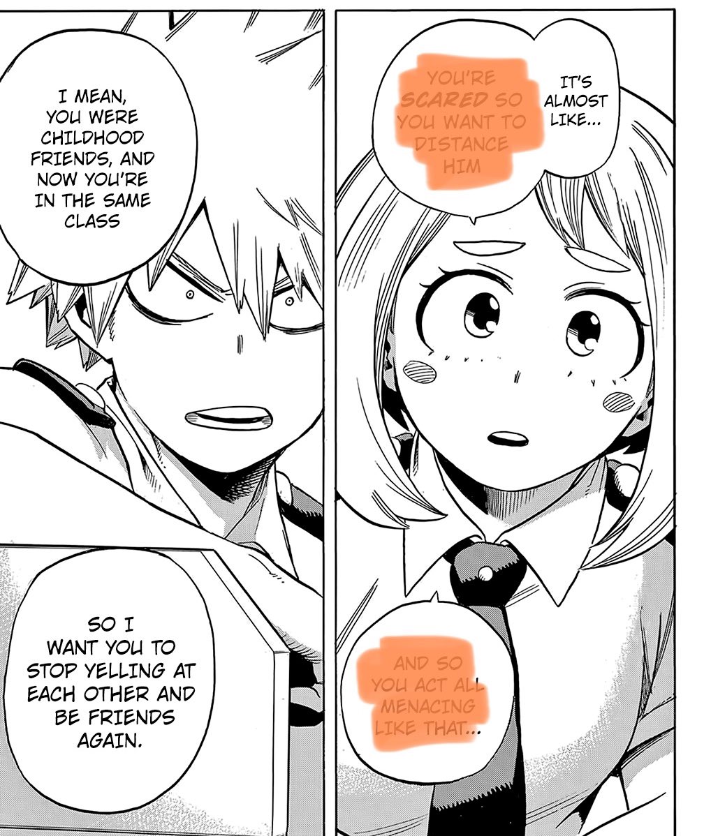 After the sports fest I think maybe Uraraka just became more confident. So Let’s talk about the omake. Uraraka has a good enough sense on Bakugou to feel he’s about to explode and intervenes and reads him like an open book we’ll get back to this foreshadowing 