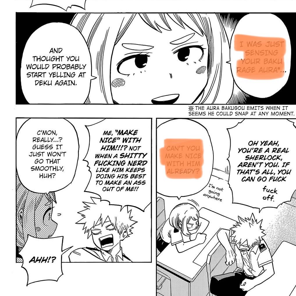 After the sports fest I think maybe Uraraka just became more confident. So Let’s talk about the omake. Uraraka has a good enough sense on Bakugou to feel he’s about to explode and intervenes and reads him like an open book we’ll get back to this foreshadowing 