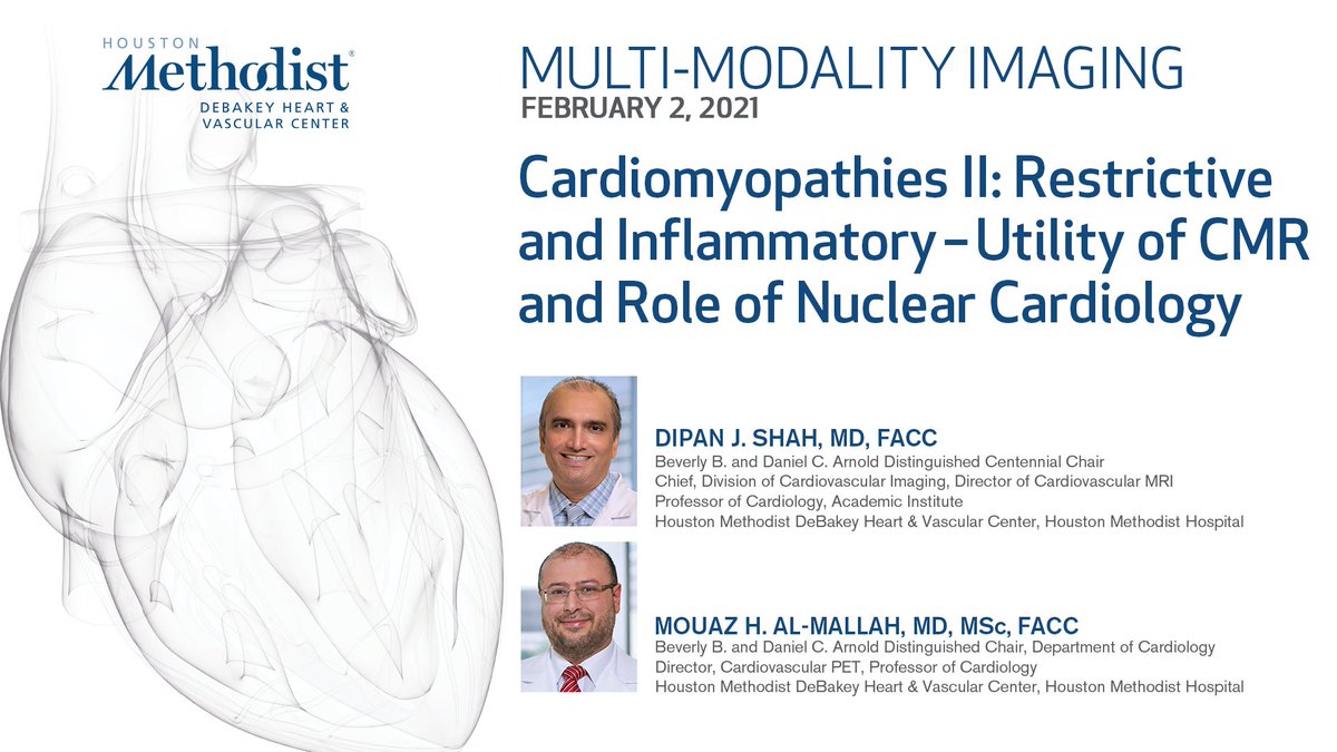 Don't forget to turn in tomorrow at noon CST for our #MMI Conference as @DipanJShah and @almallahmo continue the conversation of Cardiomyopathies, the utility of CMR, and role of Nuclear Cardiology! @HMethodistCV #CardioEd #whyCMR Watch it LIVE bit.ly/2QFleE0