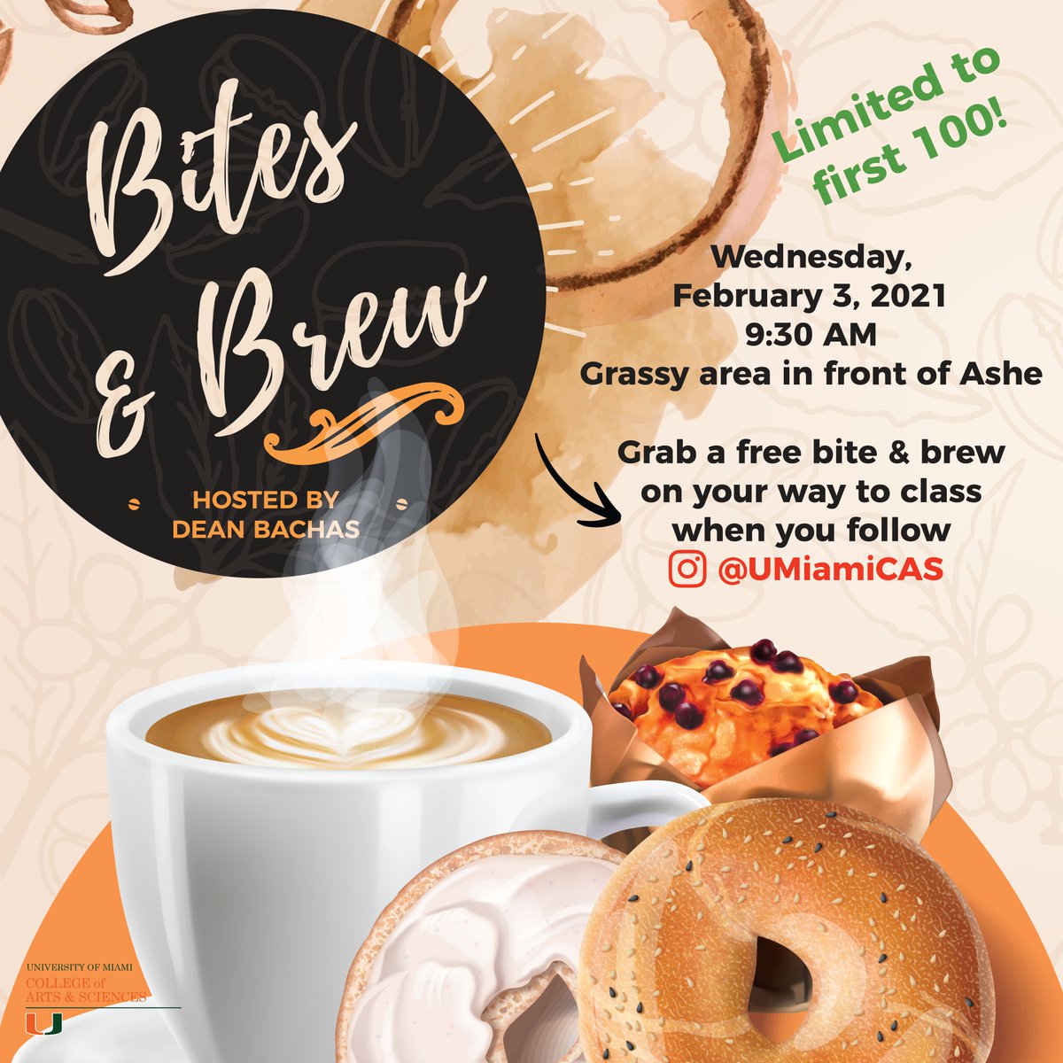 ☕ Grab a free bite and brew on your way to class this Wednesday when you follow us on IG: instagram.com/umiamicas ☕