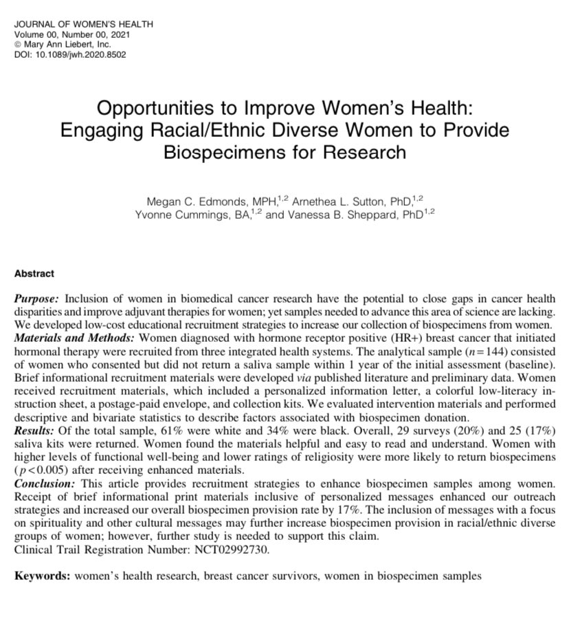 📢NEW PUBLICATION📢In this study we provide recruitment strategies to enhance biospecimen samples among women. This is my 2nd first-author article, so grateful🙏🏾  #CiteASista #AcademicTwitter @NeNe_LaShaun @DrVBSheppard