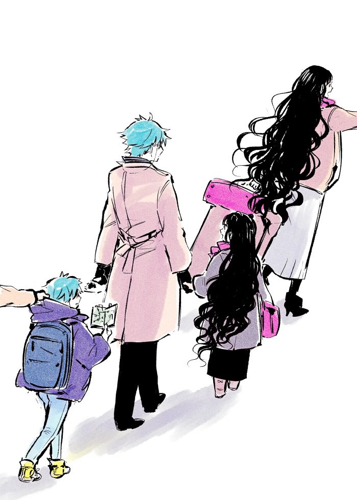 long hair coat wavy hair black hair multiple boys bag 2boys  illustration images