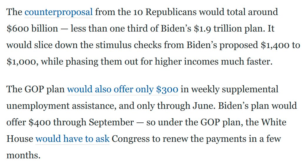 Media is getting snowed by the GOP proposal. It's a double-whammy of bad faith. It's meant to create the impression that Rs are willing to do *something* amid two major crises while also creating a bogus way to claim Biden is reneging on "unity" promise: https://www.washingtonpost.com/opinions/2021/02/01/gop-gerrymandering-biden-agenda-stimulus/