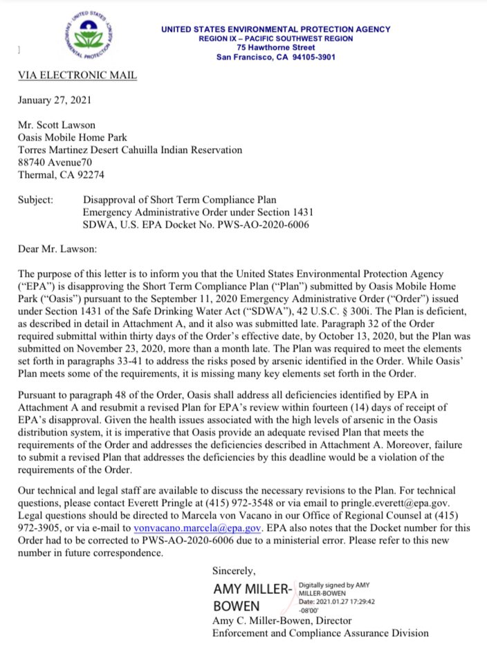 THREAD: After submitting a lawsuit against the owners of the Oasis Mobile Home Park last week, the EPA issued an order of noncompliance with water standards. 

As of this morning... 1/3