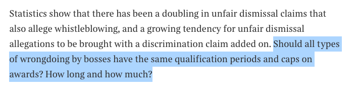2/ 1st, as  @seanjonesqc feared - reversal of Marshall (No. 2) in which the compensatory limits for discrimination claims were removed thanks to the ECJ. The straw man here is that discrim claims are being brought to overcome unfair dismissal limits & qualifying periods.