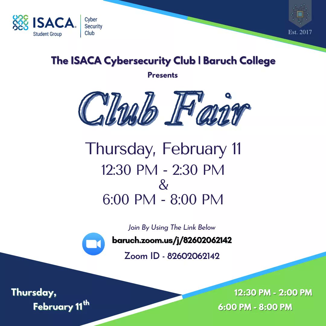 isgbaruch's tweet photo. The ISACA Cybersecurity Club will be in this semester's virtual Club Fair. Join by using the Zoom link as mentioned in the post. We're looking forward to meeting you! https://t.co/B1L3MQX91k