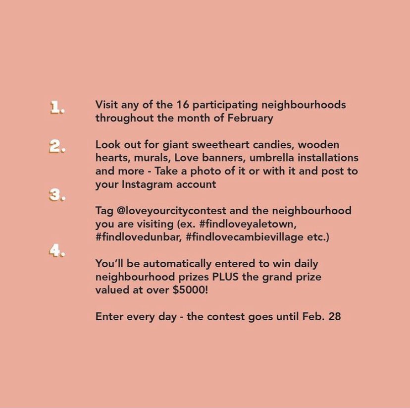 16 BIAs in the <a href="/CityofVancouver/">City of Vancouver</a> have launched Love Your City. #FindLove in your fave hood by spotting giant sweetheart candies, wooden hearts, murals &amp; other fun installations. Share on Instagram for a chance to win daily prizes and a grand prize. ❤️ #LoveYourCity