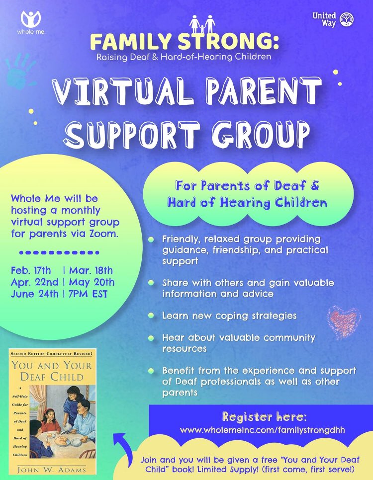 Hello everybody! 

WHOLE ME is providing a monthly virtual meet for the parent group. 

If you are interested in joining Zoom sessions with Kat to discuss ideas and resources, etc., then come and please register below!

wholemeinc.com/familystrongdhh

Have a snowy day!
