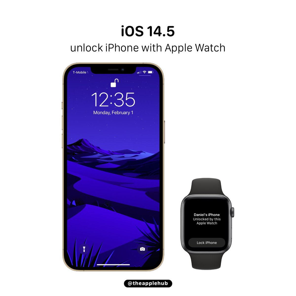 theapplehub's tweet photo. iOS 14.5 introduces an option to unlock an iPhone with an Apple Watch when you're wearing a mask. If you're wearing an unlocked Apple Watch, Face ID will do a partial scan and unlock your device https://t.co/5Bpnbkck1K