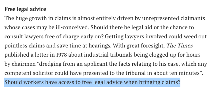 4/ Next, a suggestion we'd welcome (though the author gives no suggestion as to how it would work) but which will never happen, and shouldn't be brought in as a means of justifying the sacrifice of other rights or fairness - free legal advice as of right.