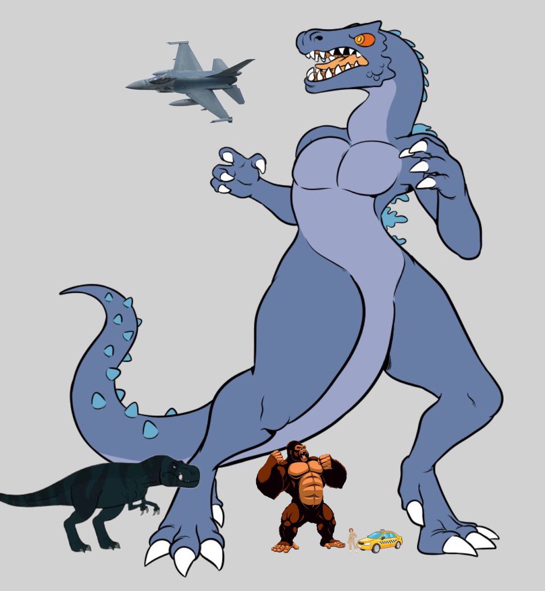 Ja_Crispy_Vic's tweet photo. Check out this awesome illustration done by the incredible @IkaroKruz based on my design for a Godzilla. What do you guys think of this for a Godzilla design? I added some other things for scale in the second image https://t.co/BDLGK4bbyA