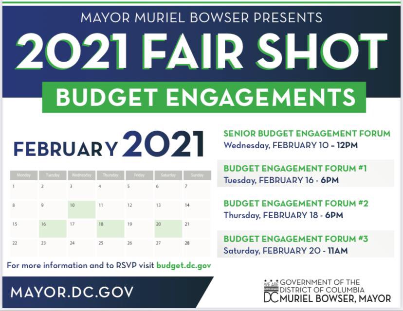 🚨 NEW: 🚨You can now sign up to attend <a href="/MayorBowser/">Mayor Muriel Bowser</a>'s Fiscal Year 2022 Budget Engagement Forums. There will be 4 forums, with 1 reserved for seniors. 

The first one (seniors only) is next Wednesday.