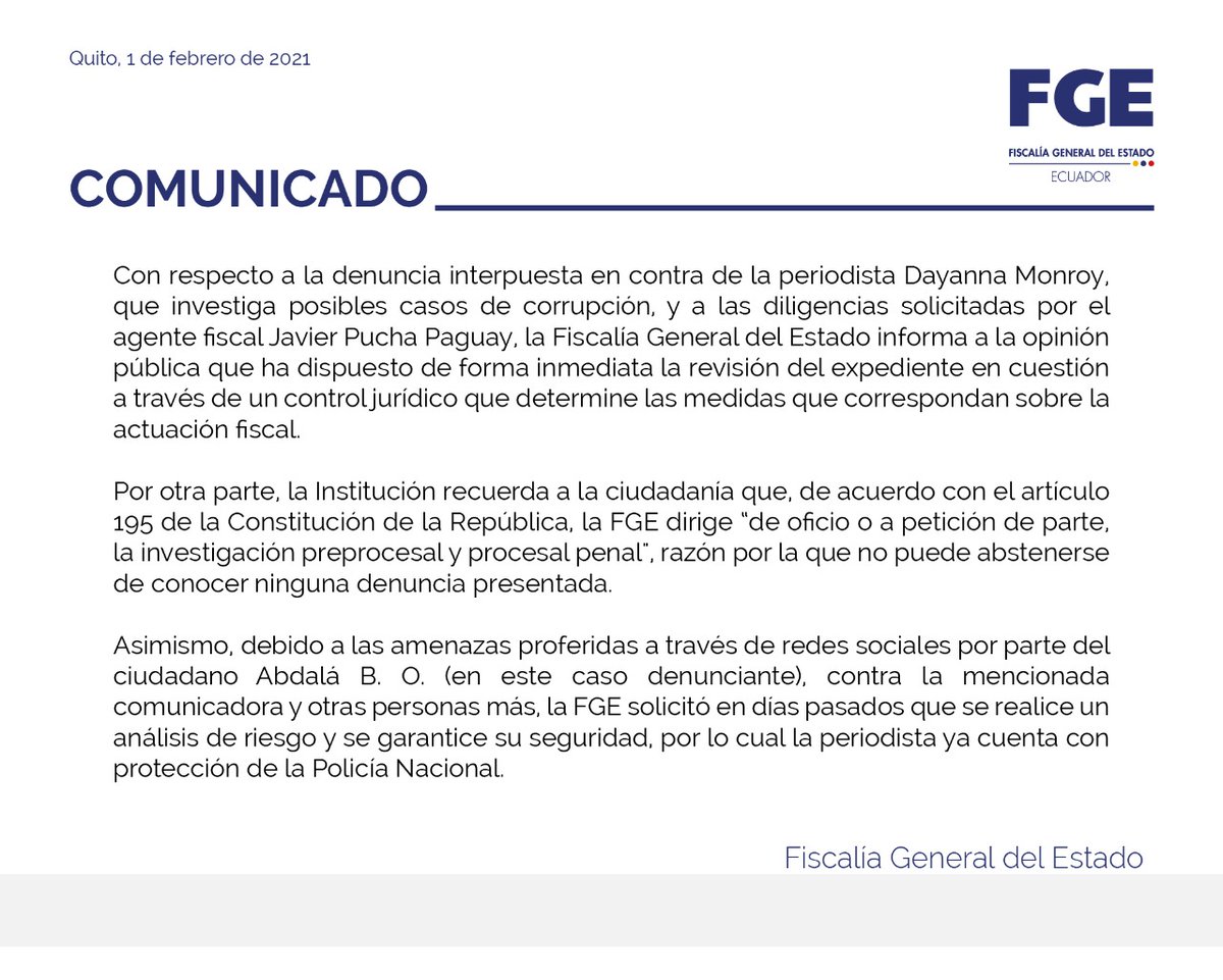 FiscaliaEcuador's tweet photo. #URGENTE | Sobre la denuncia presentada en contra de una periodista que investiga posibles hechos de corrupción y las diligencias solicitadas por el agente fiscal a cargo, #FiscalíaEc informa a la opinión pública.
Comunicado⬇️ https://t.co/UFoCfdeDAX