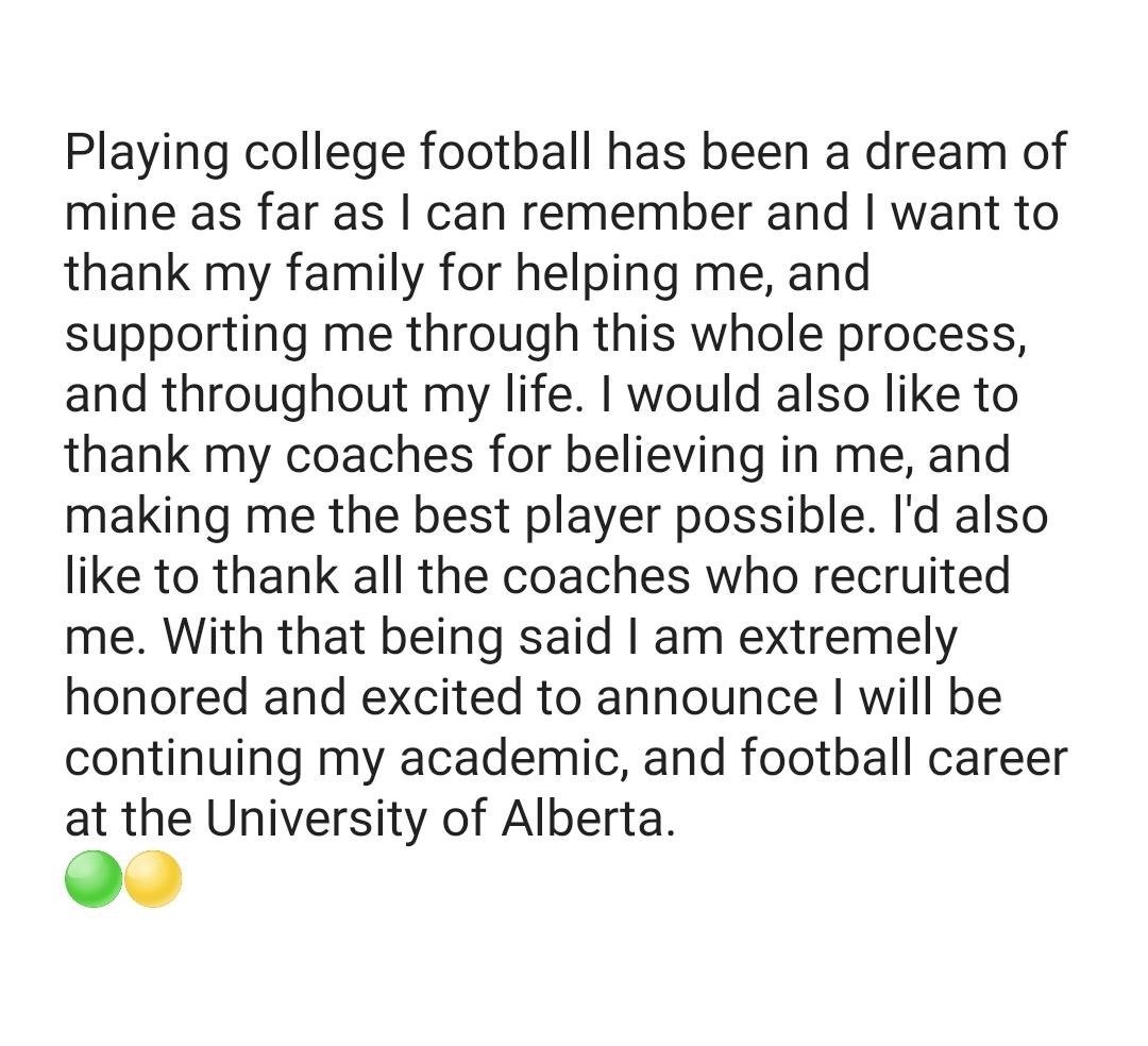 I am excited to announce that I have committed to the Unversity of Alberta. Thank you to everyone who has made this possible. <a href="/UABearsFootball/">University of Alberta Football</a> @UACoachMorris <a href="/LTHSCavFootball/">Lake Travis Football</a> <a href="/LT_FBRecruiting/">Lake Travis FB Recruiting</a>  <a href="/CoachKHalfmann/">Coach Halfmann</a> <a href="/CoachHankCarter/">Hank Carter</a>