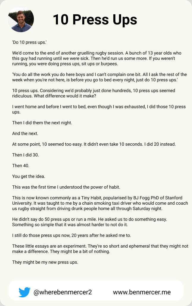 bcemercer's tweet photo. 10 Press Ups

How a sleep-deprived taxi driver taught me Tiny Habits years before they became a thing

⚛️1 https://t.co/0cliVy5MCz