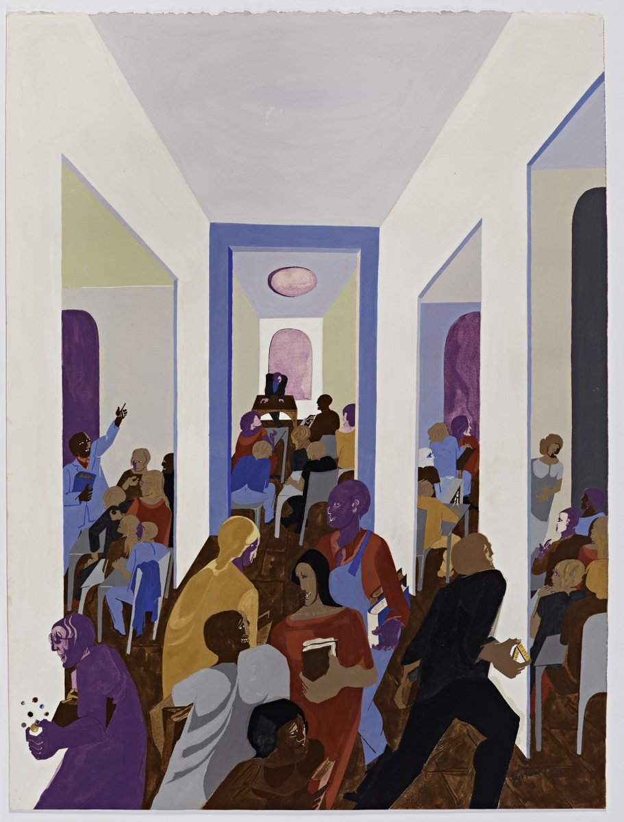 Up first, a new favorite: Jacob Lawrence, University, 1977; gouache, tempera, and graphite on paper.  @CantorArts  https://cantorcollection.stanford.edu/objects-1/info?query=mfs%20all%20%22jacob%20lawrence%22&sort=9&page=70