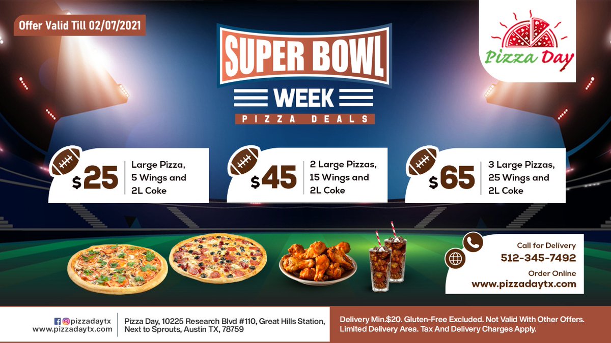 PizzaDayTx's tweet photo. #SuperBowlWeek Pizza Deals!
Call to Order: 512-345-7492
Visit: https://t.co/Co9ptNzzO8
#PizzadayTx #SuperBowl #superbowlparty #superbowls #SuperBowlFood #Austin #austinfoodies #eateraustin #keepaustineatin #trueaustin #pizzatime #foodlover #instagood #PizzainAustin #indianpizza https://t.co/QTY5ezgmTt