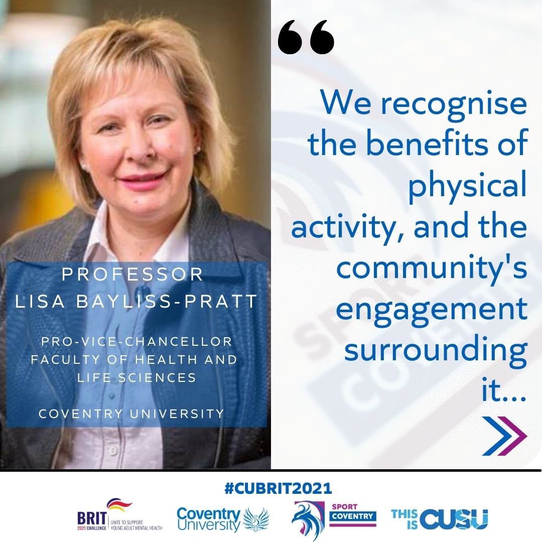 sport_coventry's tweet image. We are proud to have Professor Lisa Bayliss-Pratt @LBP_CovUni Pro-Vice-Chancellor Faculty of Health and Life Sciences at Coventry University  involved in our #CUBRIT2021 challenge. See what Professor Lisa Bayliss-Pratt had to say when we asked her about #CUBRIT2021 #WeAreBlue