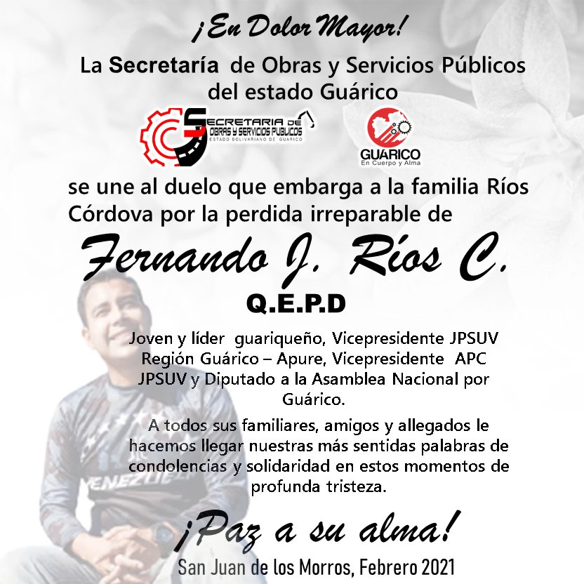 El destino y sus jugadas, la vida y su incomprensible manera de sorprendernos.

Joven ejemplo de la juventud venezolana y guariqueña, líder y defensor de las causas justas desde cada espacio.

Hoy nos dejas de forma inesperada y dolorosa.

#EnDolorMayor