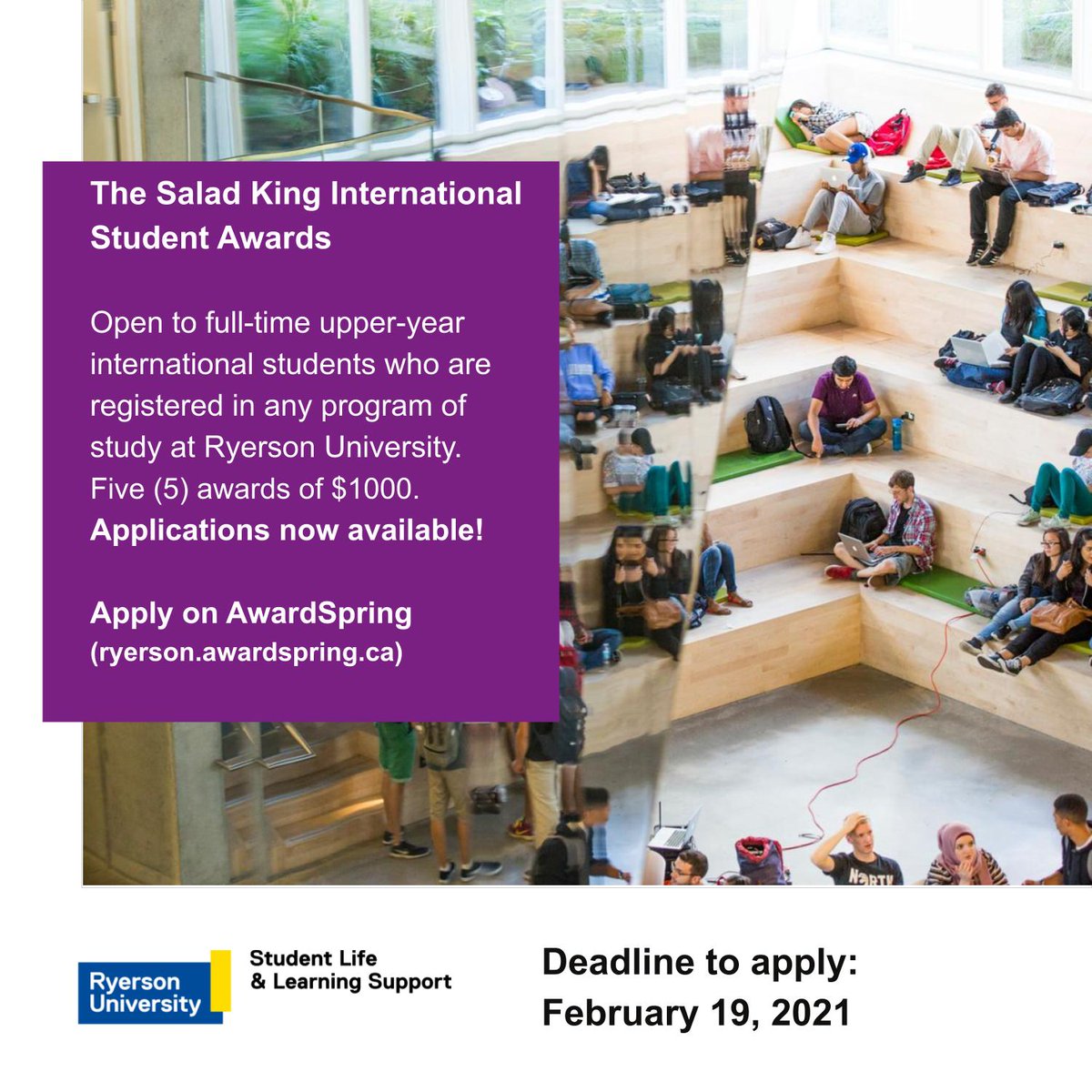 Be recognized for the hard you have contributed! Int’l students: apply for the <a href="/SaladKingTO/">Salad King</a> Awards with @RyersonISS. Apply here: ryerson.awardspring.ca