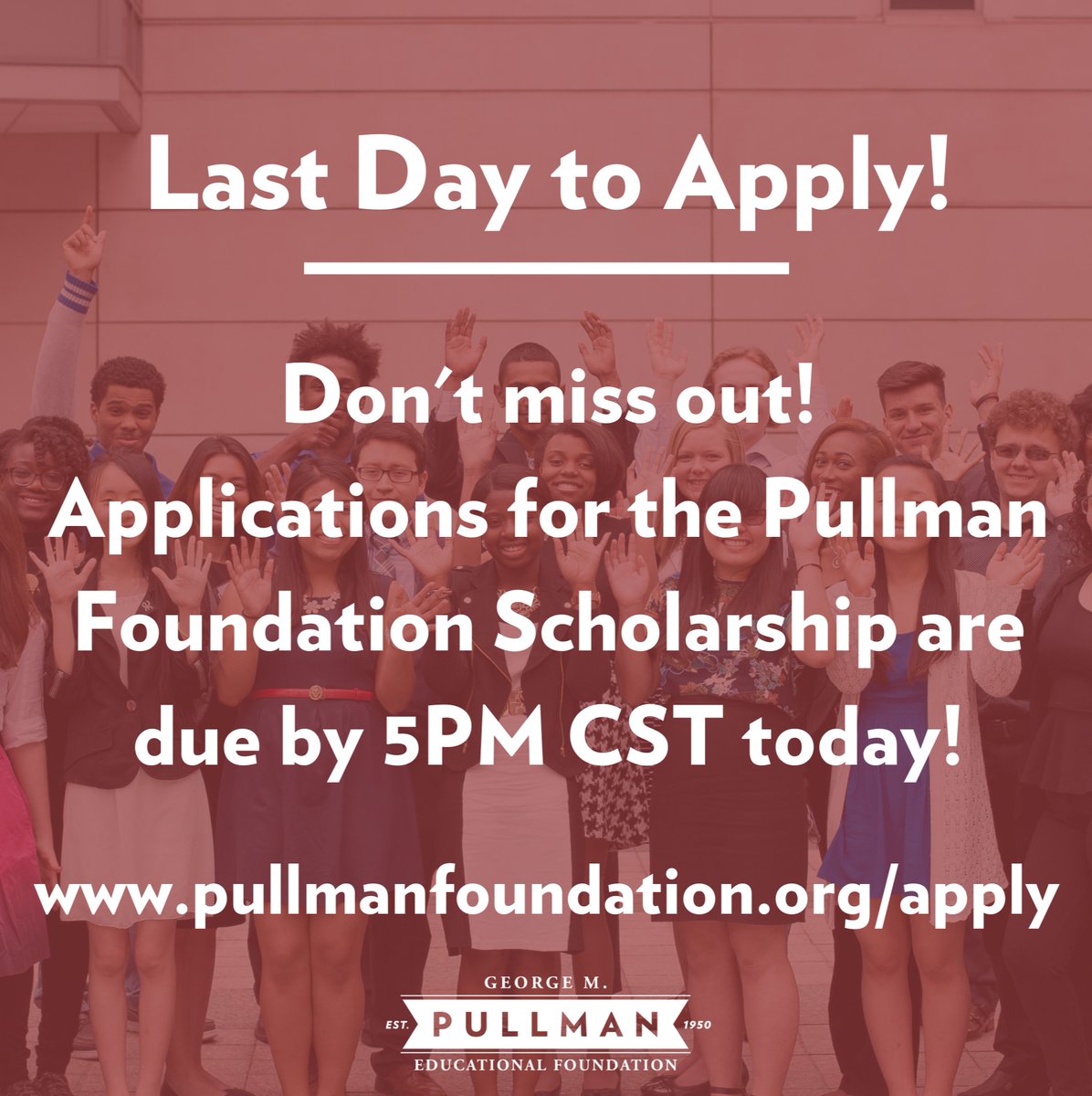 pullmanfdn's tweet photo. Pullman Foundation Scholarship applications due by 5PM CST today!
https://t.co/Ku5iiQ6P9f https://t.co/0C8qLSyI3u
